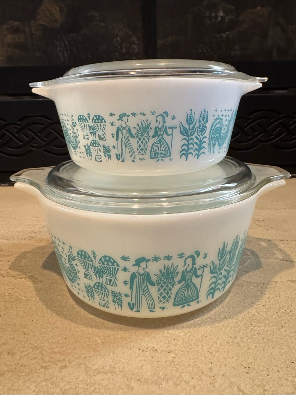 Pyrex Set of 2 Butterprint White Glass Casserole Set w turquoise print Pattern